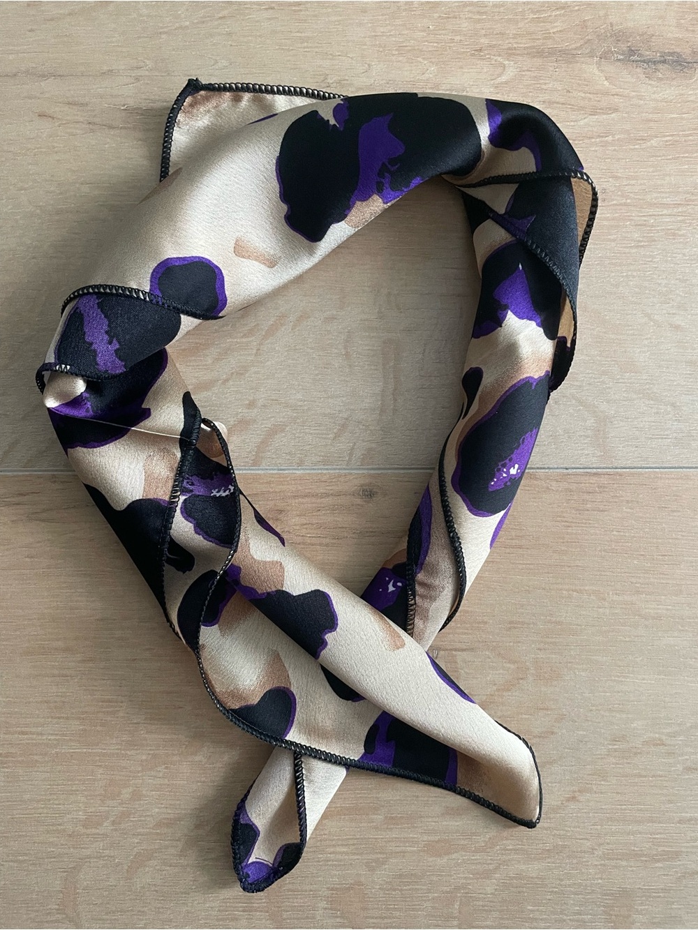NWOT Beige Scarf with Black & Purple Print Silk-Feel Scarf